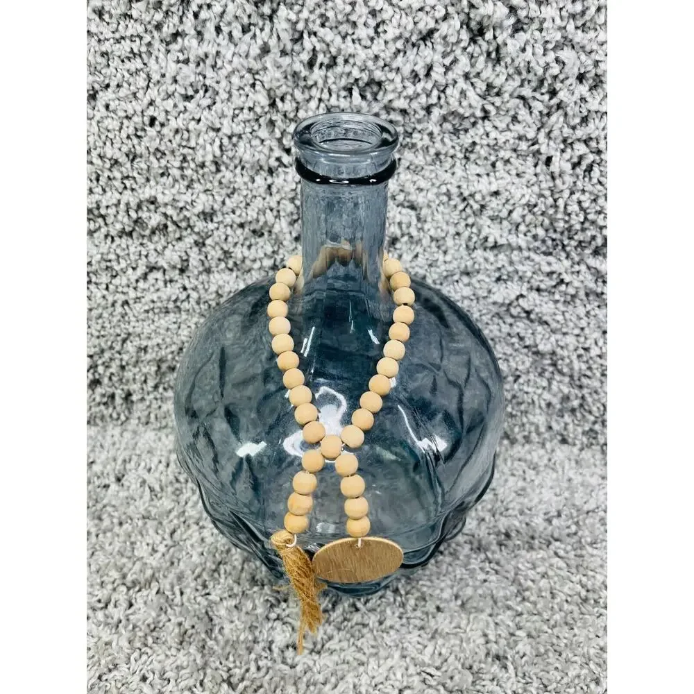 Blue Art Glass Bottle Vase With Round Wooden Beaded Tassel Garland 11